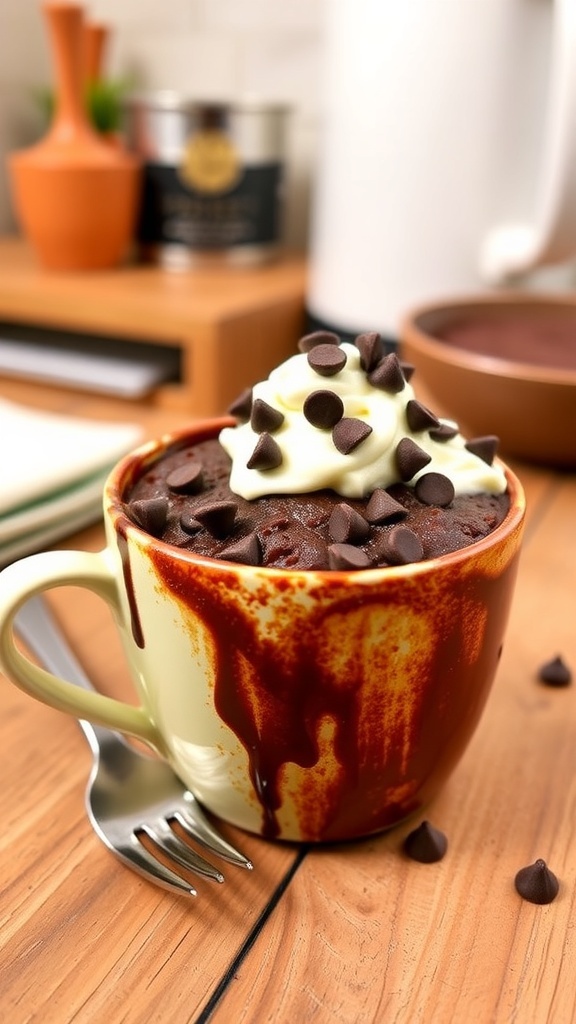 A chocolate mug cake topped with whipped cream and chocolate chips on a wooden table.